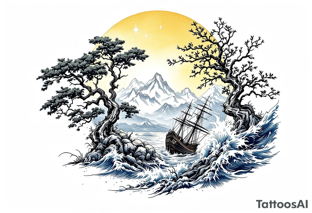 tattoo that has an acacia tree with mountains, ocean with a ship wreck and the northern star tattoo idea