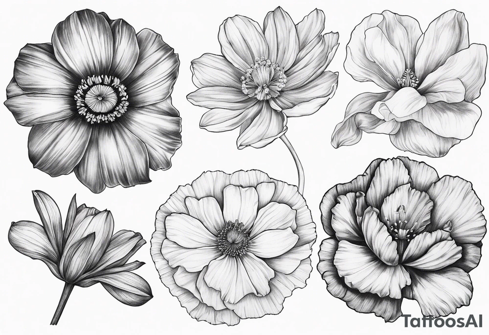 1 cosmos flower, 1 iris, larkspur, 1 daisy, 1 poppy tattoo idea