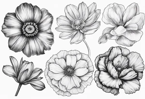 1 cosmos flower, 1 iris, larkspur, 1 daisy, 1 poppy tattoo idea
