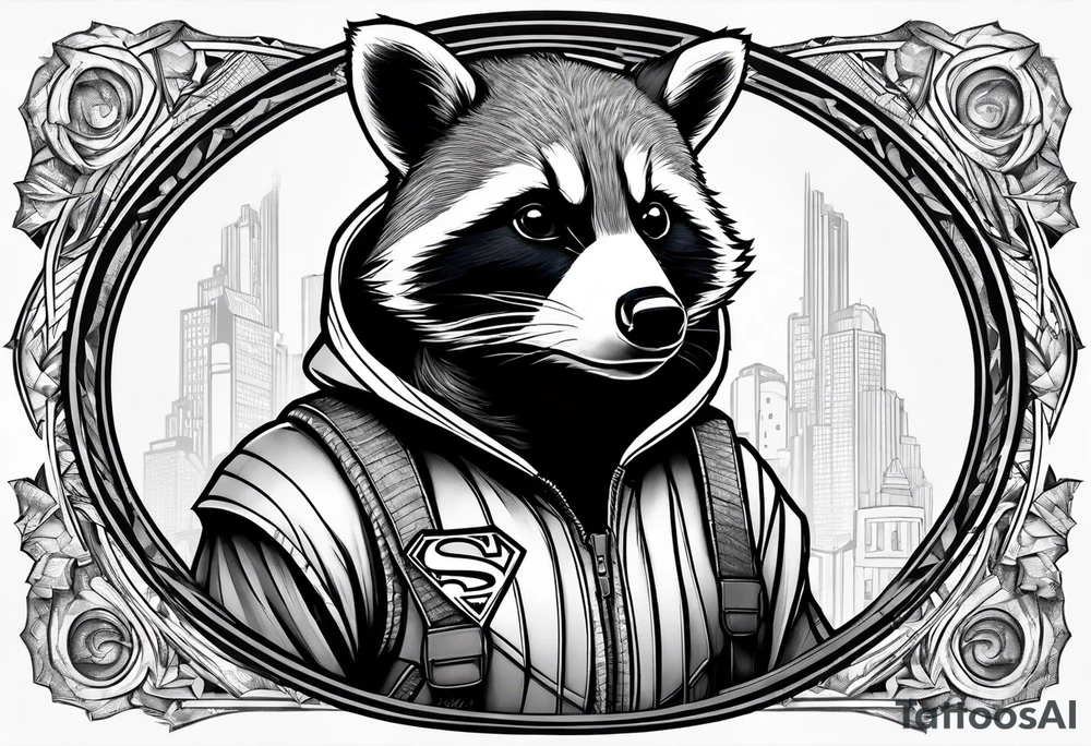 raccoon wearing a Superman hoodie tattoo idea