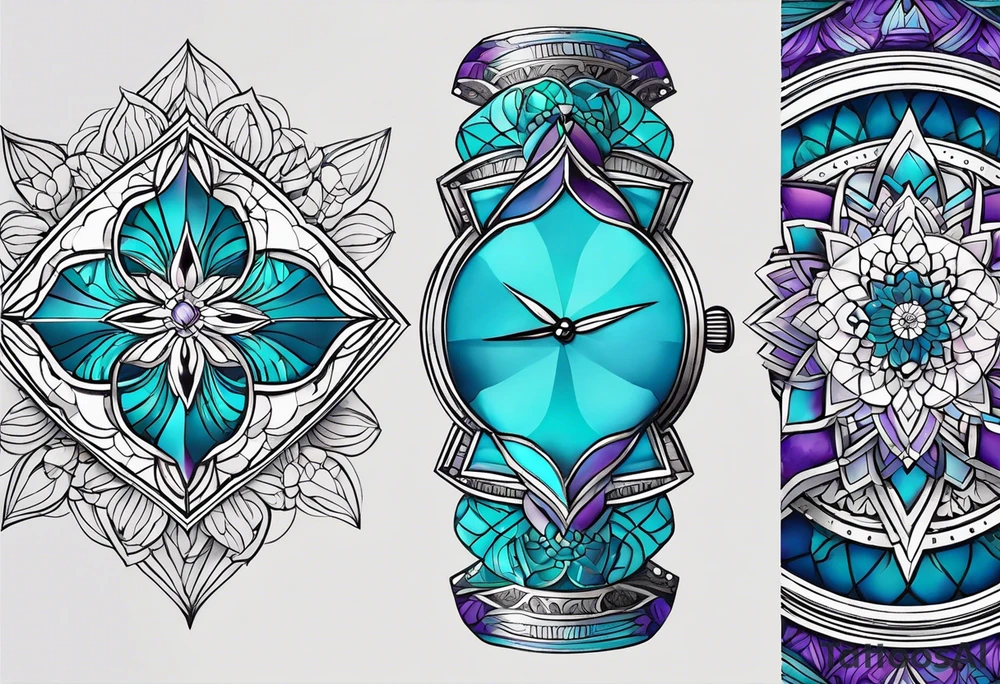 Relógio de areia com detalhes geométricos e uma areia colorida em tons degradê de azul, turquesa e violeta tattoo idea