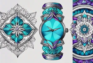 Relógio de areia com detalhes geométricos e uma areia colorida em tons degradê de azul, turquesa e violeta tattoo idea
