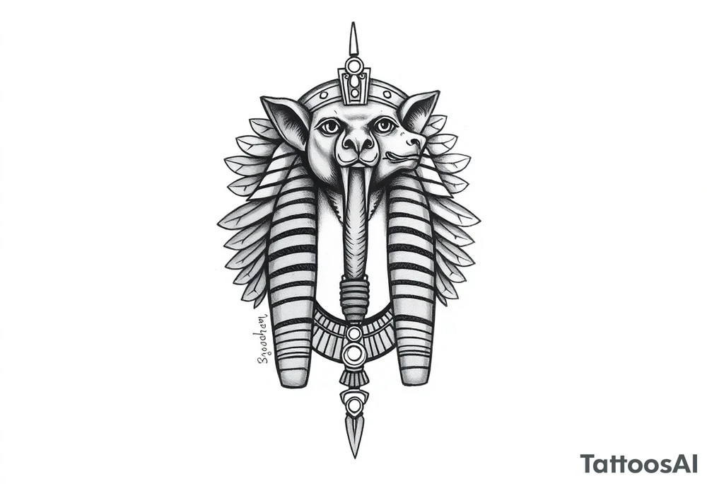 Tatuagem egípcia feminina detalhada, representando o deus Horus na sua forma animal, com adornos e simbolos tradicionais egípicios, a figura está em posição frontal, com detalhes hieroglíficos sutis ao redor, integrados harmonicamente. Fundo minimalista, inspirado em papiro antigo, com tons terrosos suaves. Estilo artístico com traços finos, sombra leve para destacar volume, ideal para a parte frontal da canela, transmitindo elegância e misticismo. tattoo idea