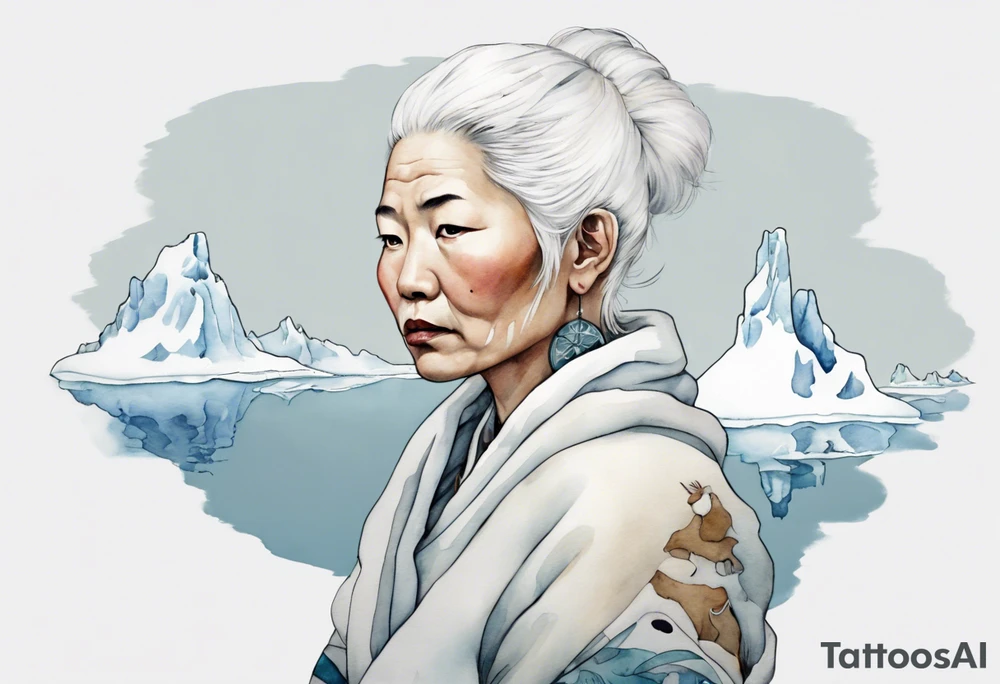 a middle aged Inuit woman with white hair wearing white mittens, holding a white bowstaff, standing on an iceberg tattoo idea