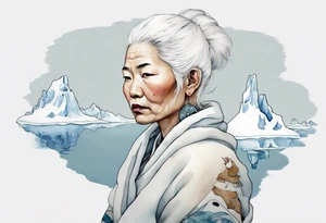 a middle aged Inuit woman with white hair wearing white mittens, holding a white bowstaff, standing on an iceberg tattoo idea
