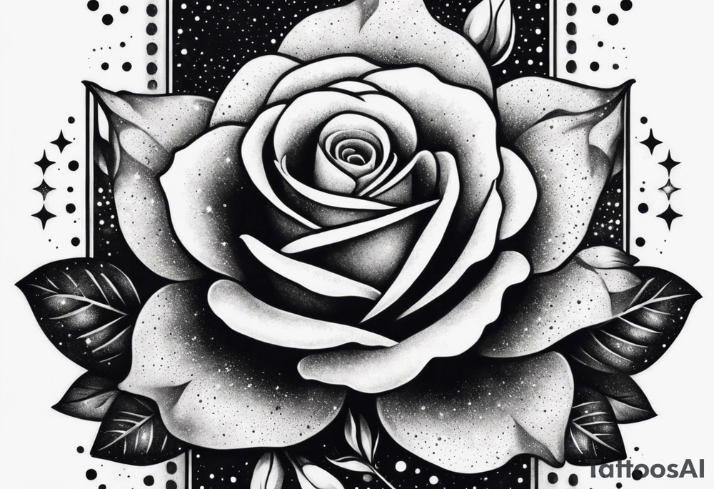 Vertically elongated tesseract with small roses and stars around it tattoo idea