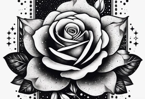 Vertically elongated tesseract with small roses and stars around it tattoo idea
