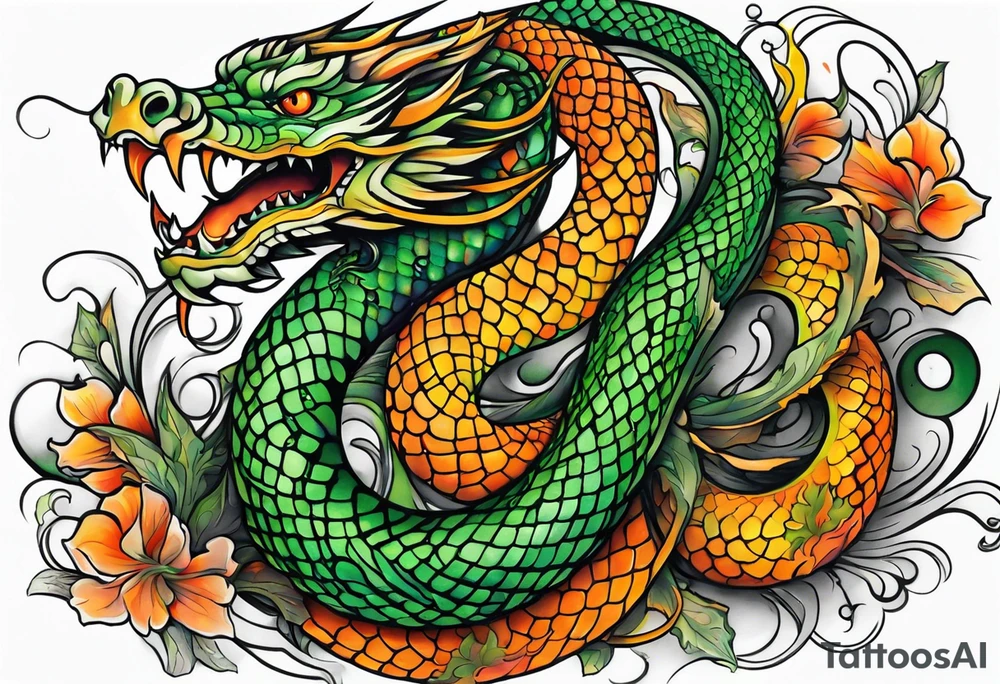Half sleeve Snake dragon green orange tattoo idea