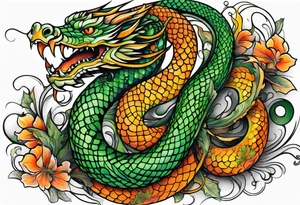 Half sleeve Snake dragon green orange tattoo idea