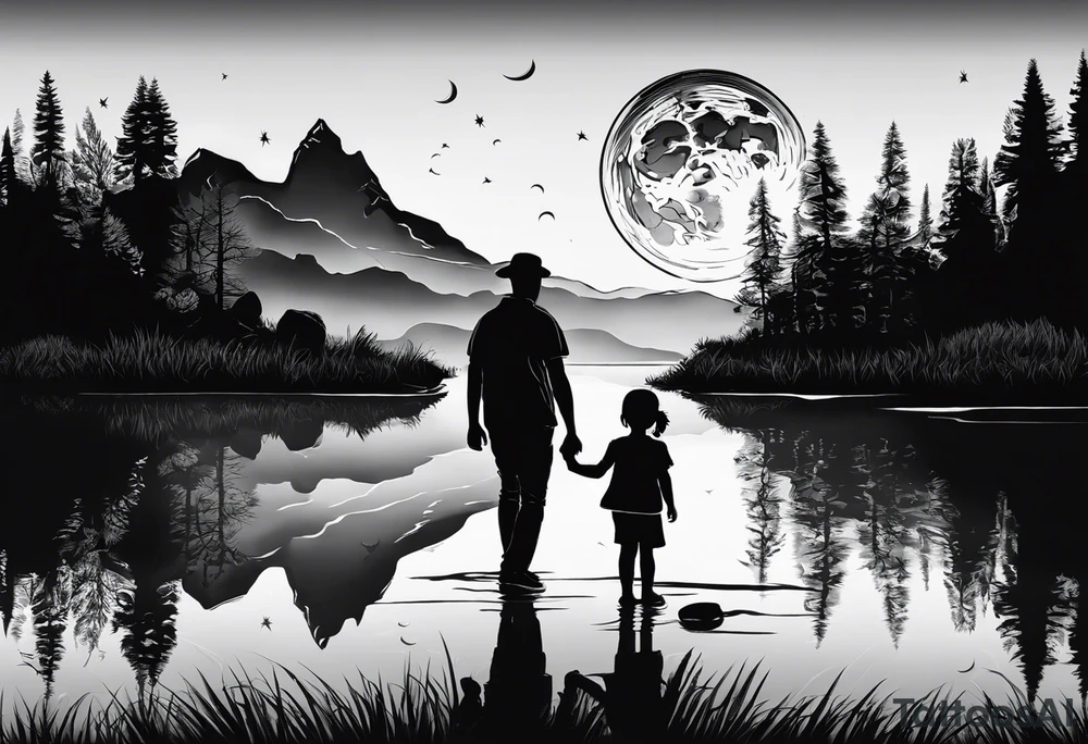 Father in between 6 year old daughter and 2 year old son. Standing in front of water with their reflection with tree beside them and mountains in the background. Moon in the sky reflecting in the water tattoo idea