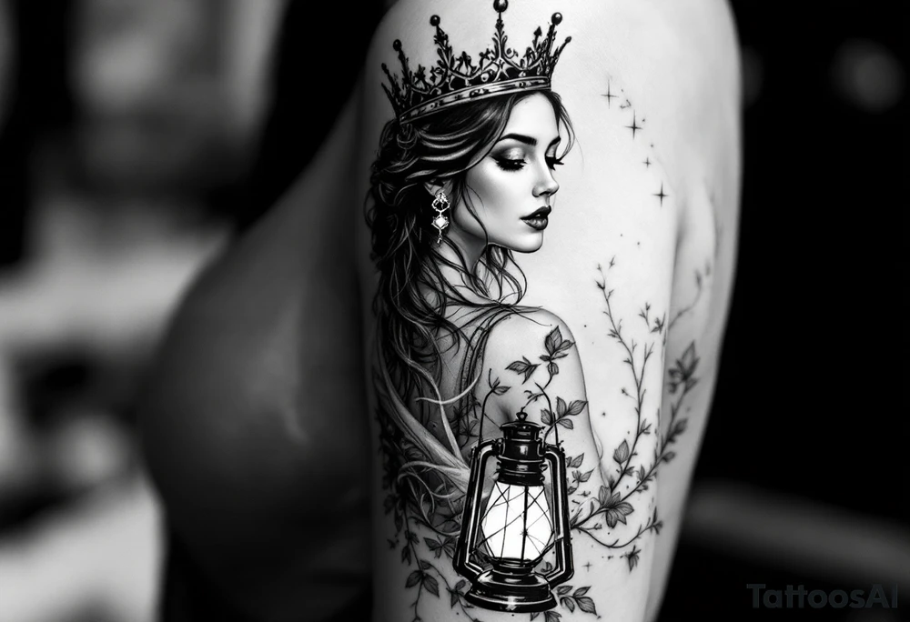 woman with crown an lantern tattoo idea