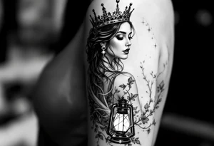 woman with crown an lantern tattoo idea