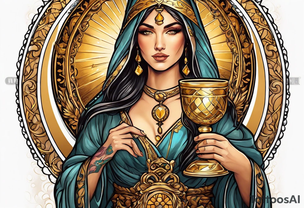 woman saint holding chalice surrounded by golden halo sideways tattoo idea