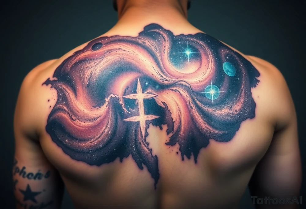 Beautiful and epic 3d milky way that appears to be what is beneath the skin. Make it drape over the shoulder and move to the middle back. use negative spaces to create stars and dust. Incorporate God breathing life into the universe. IKeep it symmetrical tattoo idea