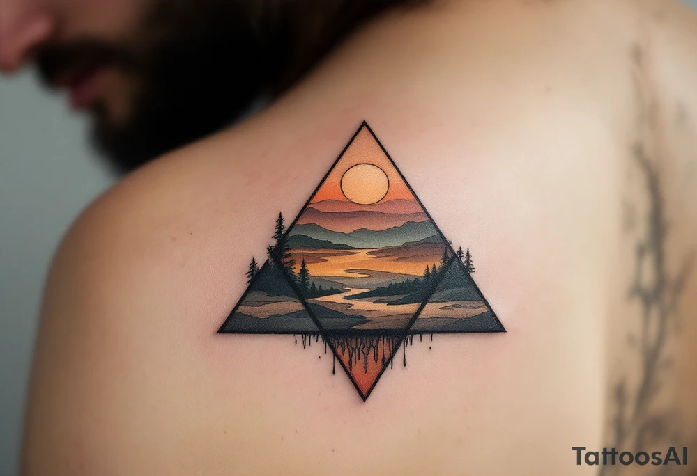 A three-layered triangle in earth tones (brown, olive, and ochre), inspired by nature and grounding located on the back of the head tattoo idea