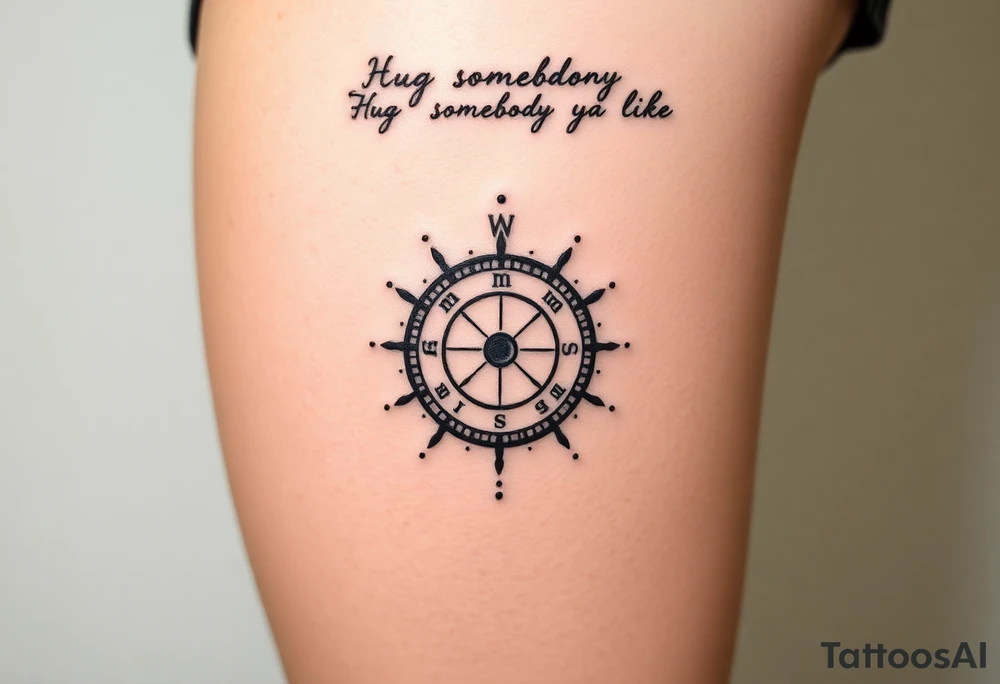 Three dimensional sundial casting shadow with handwriting “Hug somebody ya like” above. tattoo idea