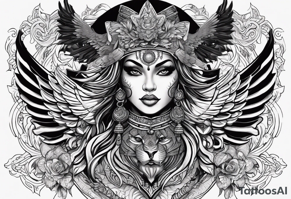 black kali, goddess pirate, alien, angel, pachamama, valkrye, warrior, flying, skull, lotus azul, wing, eagle, zenza resonance, stars, 5D, anahata chakra, death, durga, riding on a tiger, flying lady, kundalini, chest tatoo, rebel tattoo idea