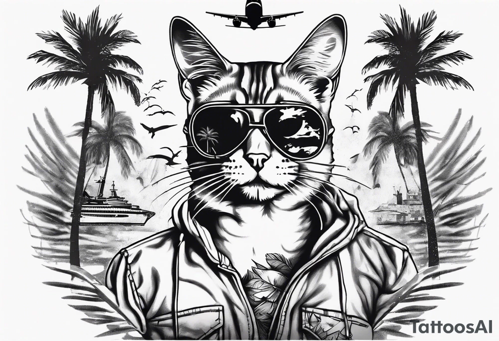 cat in a mask with palm trees and airplanes in the background tattoo idea