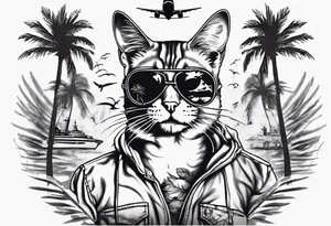 cat in a mask with palm trees and airplanes in the background tattoo idea