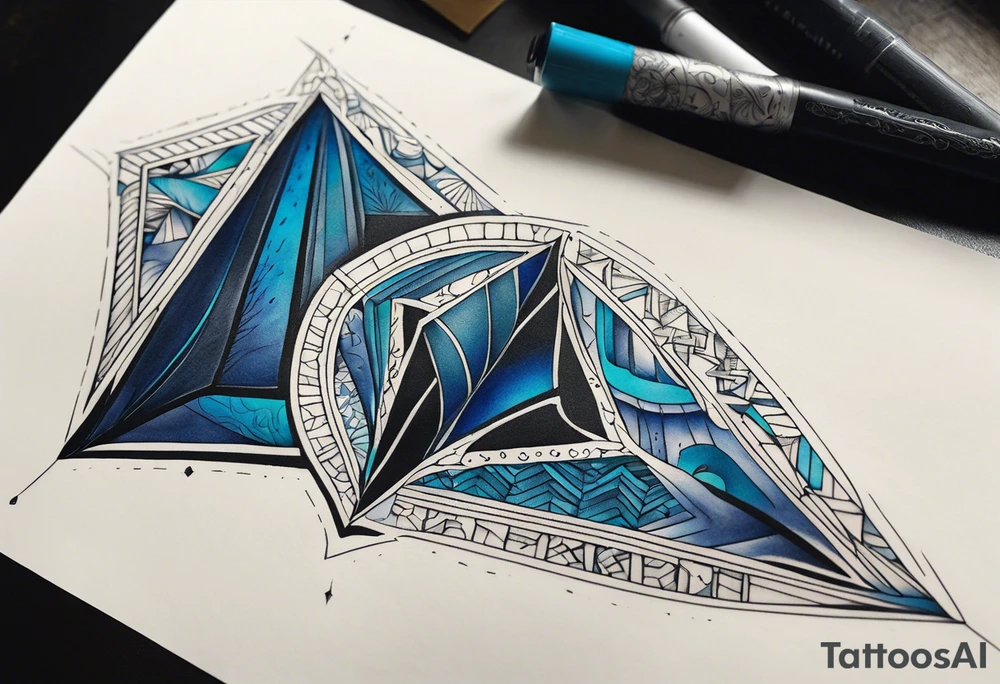 semi Detailed neo traditional knee tattoo flat on paper. The tattoo features geometric patterns and bold lines, creating a visually striking design with slight tints of deep fall colors. The background 
outside the tattoo features deep blues washes and water swirls tattoo idea