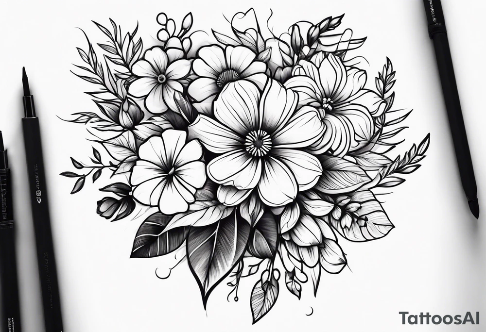 Flower bouquet with 5 flowers positioned up and down tattoo idea