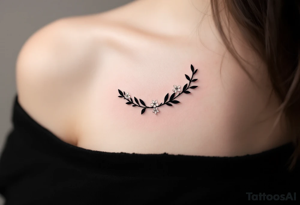 Minimalist Black and White Wreath – A simple yet striking wreath design in black ink, with delicate thin leaves and a few small white flowers, focusing on clean lines and contrast. tattoo idea