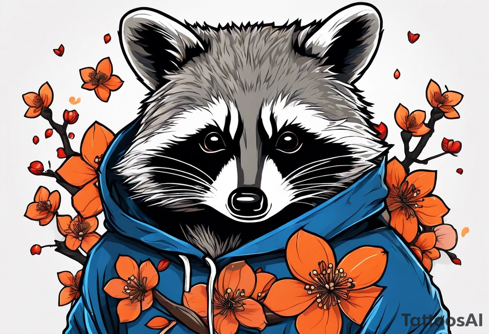 raccoon wearing a Superman hoodie with orange Japanese cherry blossoms tattoo idea