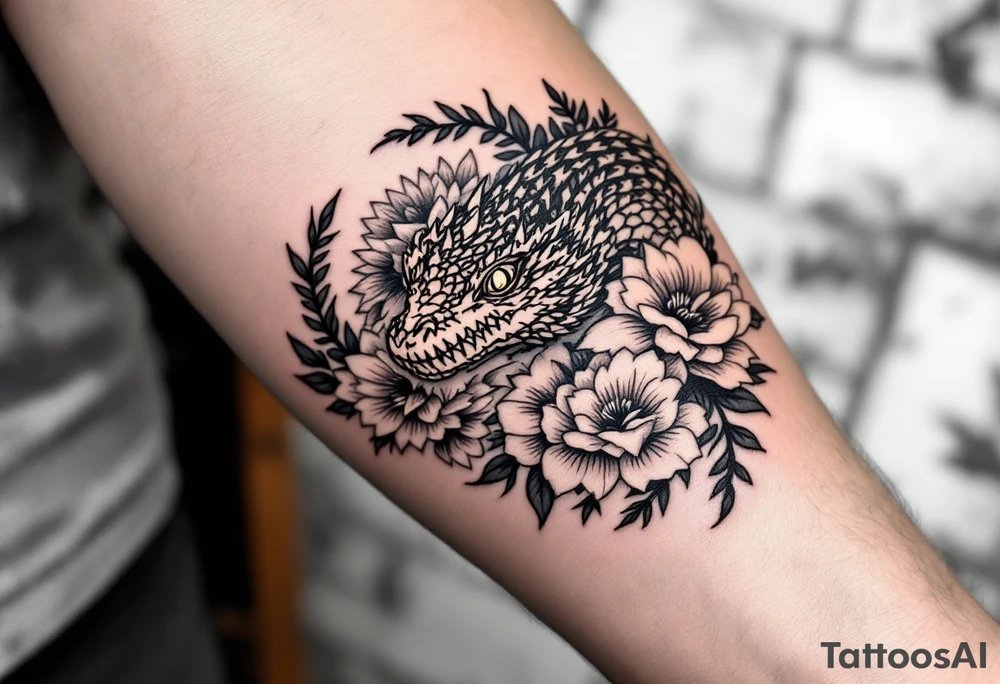 powerful majestic reptile, surrounded by floral ornaments tattoo idea
