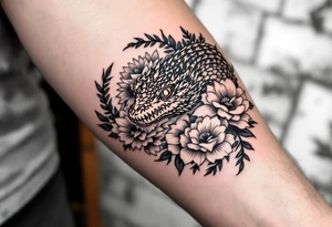 powerful majestic reptile, surrounded by floral ornaments tattoo idea