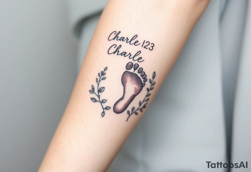 baby footprint print with the name Charles above it, the date 1-14-23 below it and surrounded by floral vines on a forearm tattoo idea