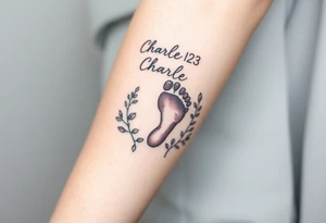 baby footprint print with the name Charles above it, the date 1-14-23 below it and surrounded by floral vines on a forearm tattoo idea
