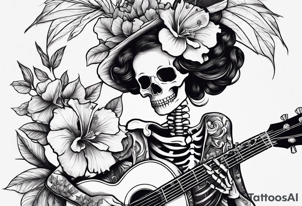 a female skeleton holding a hibiscus flower and a male skeleton playing a guitar. tattoo idea