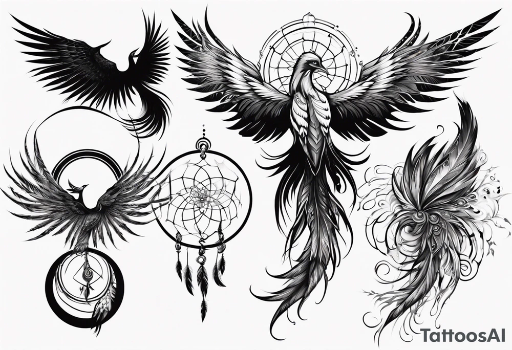 Vertical open mouthed flying Phoenix with wings blending into circles and a long abstract dream catcher feather tail tattoo idea