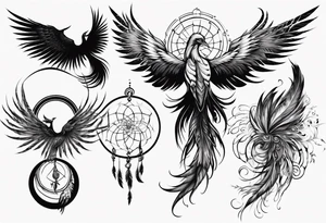 Vertical open mouthed flying Phoenix with wings blending into circles and a long abstract dream catcher feather tail tattoo idea