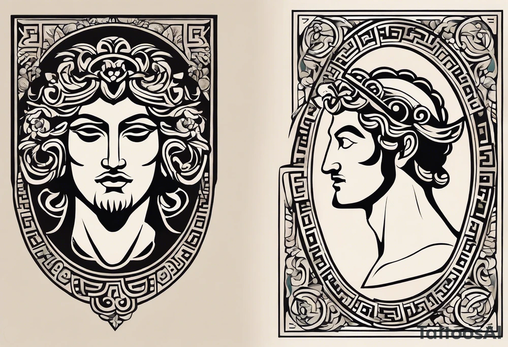 "Craft a minimalist tattoo design in the style of ancient Greek art, featuring Dionysus with his affection for theater. Depict Dionysus in a simplified yet elegant form, reminiscent of classical Greek sculpture, holding a theatrical mask and a goblet of wine. Surround him with subtle geometric patterns or motifs inspired by ancient Greek pottery, such as meanders or key patterns. Ensure the design maintains a minimalist aesthetic while incorporating elements that evoke the sophistication and timelessness of Greek art, capturing Dionysus's connection to both wine and theater in a visually striking manner." tattoo idea