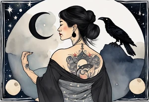 a beautiful 55 year old Dakota woman wearing a black tunic, standing before the night sky with a crescent moon, a raven on her shoulder tattoo idea