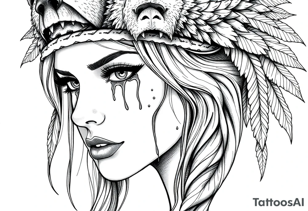 Beautiful Womans shedding a tear, with battle scars and blood on face, wearing a mean looking bear headdress on head tattoo idea