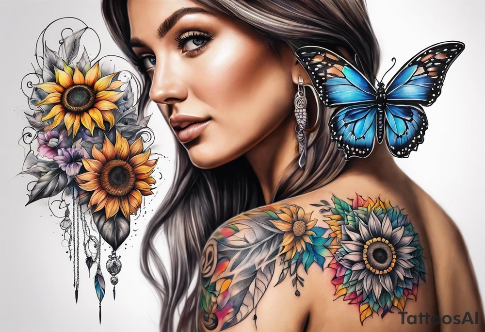 Quarter Leg sleeve with dreamcatcher, rainbow sunflowers and one butterfly tattoo idea
