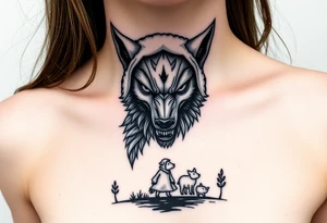 Scary Big bad wolf nursery rhyme wearing a sheep costume with sheep head as hood and eat the three little pigs and little red riding hood in the woods tattoo idea