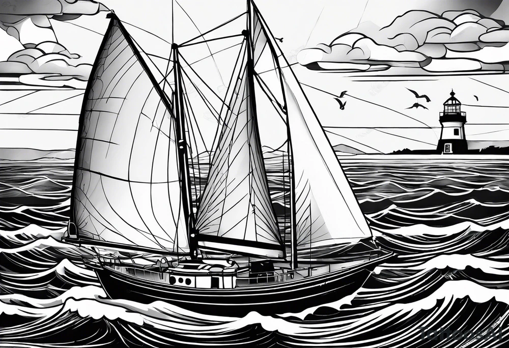 sailboat sail patched in such a way that it resembles a maritime lighthouse. tattoo idea