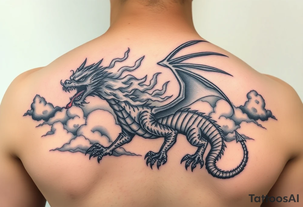 fierce dragon breathing iridescent fire against stormy skies tattoo idea