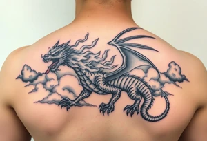 fierce dragon breathing iridescent fire against stormy skies tattoo idea