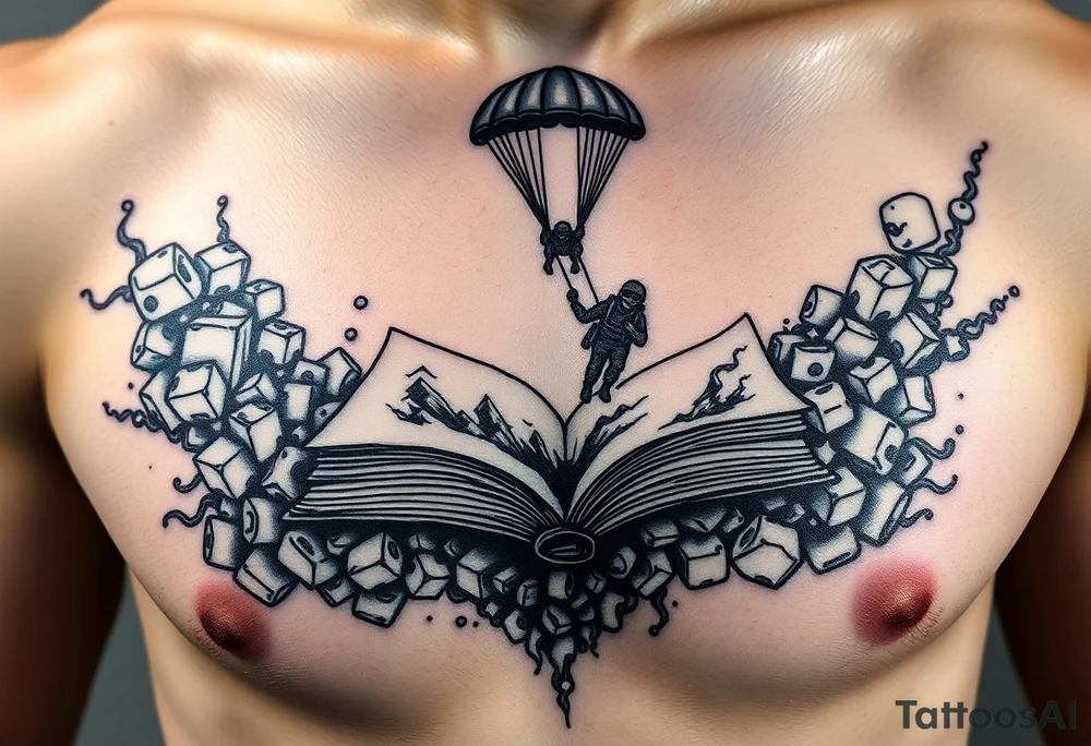 A parachuting soldier landing into an open book. Chaos surrounding, but the book is protecting the soldier from it. On the chest. Make the tattoo smaller. Make it thought provoking. Make the chaos in the environment be an eerie mist. Make the pages in the book be blank and the book be decorated tattoo idea