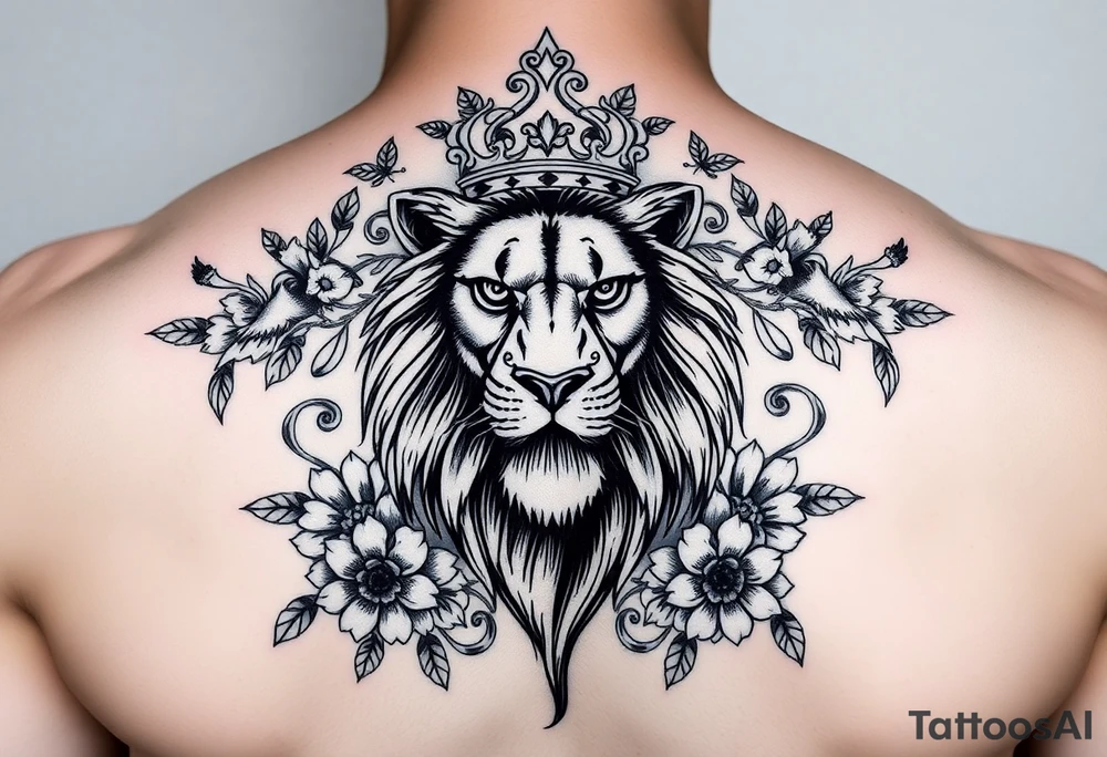 powerful majestic lion with a crown, surrounded by floral ornaments and birds tattoo idea