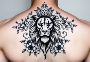 powerful majestic lion with a crown, surrounded by floral ornaments and birds tattoo idea
