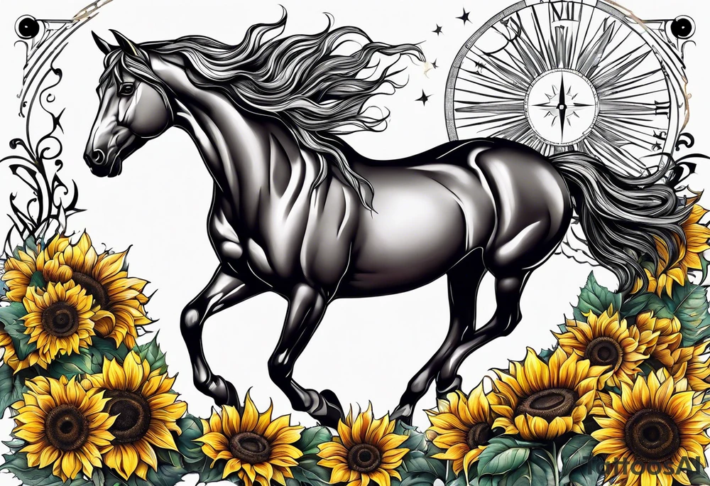 Horse, compass, sunflower tattoo idea