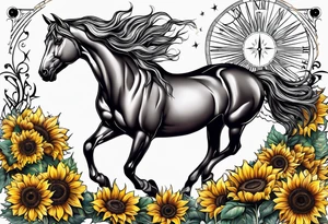 Horse, compass, sunflower tattoo idea