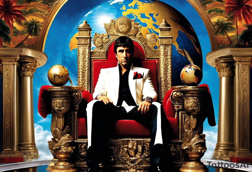 Tony Montana sitting on his throne with his infamous "The World is Yours” globe in hand, surrounded by elements that represent key scenes or motifs from the movie? For example, you could include symbols like piles of cocaine, palm trees, guns, and perhaps even the iconic "Say hello to my little friend" scene in the background. This would create a dynamic and visually captivating tattoo that pays homage to Scarface in a unique and personalized way. tattoo idea