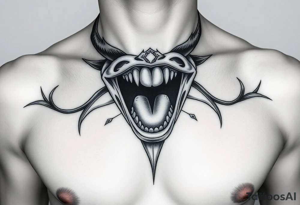 Feminine Tattoo female mouth open with horns just barley touching collarbone with a lot of shading tattoo idea
