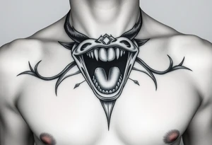 Feminine Tattoo female mouth open with horns just barley touching collarbone with a lot of shading tattoo idea